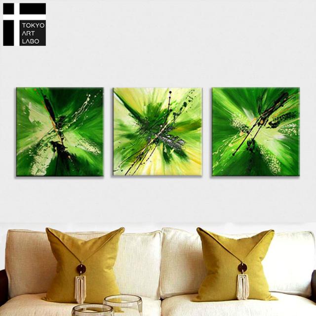 絵画 Shine Green Modern Abstract 3枚 壁掛け インテリア アートパネル 油絵 抽象 店舗 デザイン 背景 壁飾り 油彩画 フラッシュ グリーン 緑色 壁に緑_4