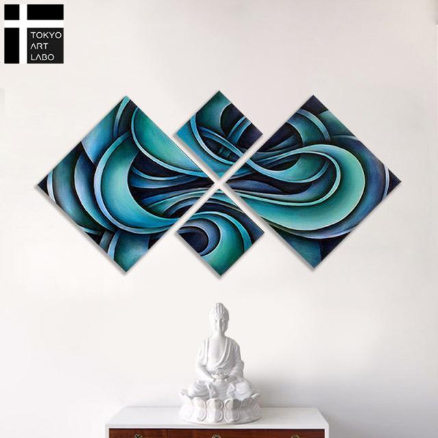 【楽天ランキング1位獲得】絵画 壁掛け 絵 モダンアート 抽象 曲線 油絵 4枚組 アートパネル 流線 菱形 分割 キャンバス おしゃれ 壁飾り 入口 玄関 エントランス 内装用 大型 青 油彩画 作品_1