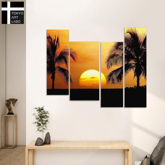 【楽天ランキング1位獲得】油絵 絵画 風景画【Tropical Sunset】海辺 浜辺 海の絵 シルエット アジアン ハワイアン スパ・エステ店の壁面装飾 おしゃれ 絵 壁掛け 4枚組 特大 油彩画_1