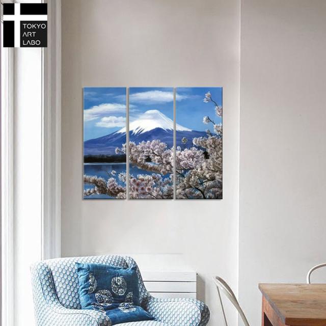 【Sサイズ】絵画 富士山 富士と桜 おしゃれ 絵 インテリア 壁掛けアート 油絵 モダンアート 玄関 居間 新築 3枚組 W600mm 油彩画_1