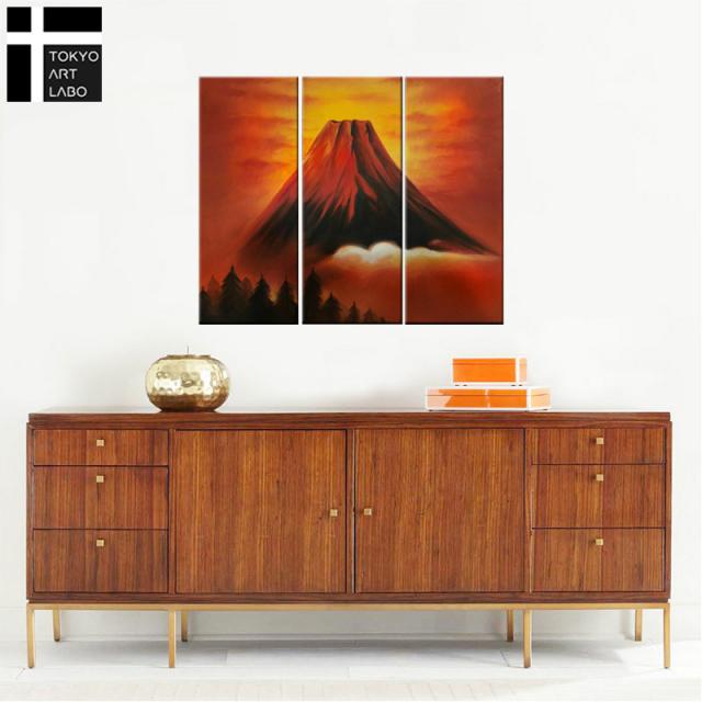 【Sサイズ】絵画 赤富士 富士山 おしゃれ 絵 インテリア 壁掛けアート 油絵 モダンアート 玄関 居間 新築 3枚組 W600mm 油彩画_1