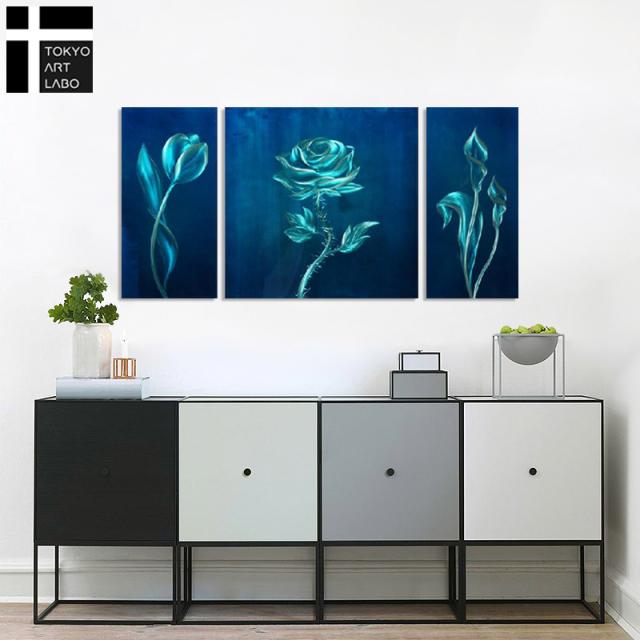 油絵 絵画 青の花 バラ 抽象 3枚組 W120cm おしゃれ 壁掛け 絵 モダン リビング 店舗 壁飾り 油彩画_1