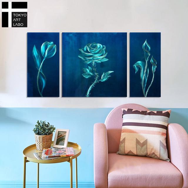 油絵 絵画 青の花 バラ 抽象 3枚組 W120cm おしゃれ 壁掛け 絵 モダン リビング 店舗 壁飾り 油彩画_2