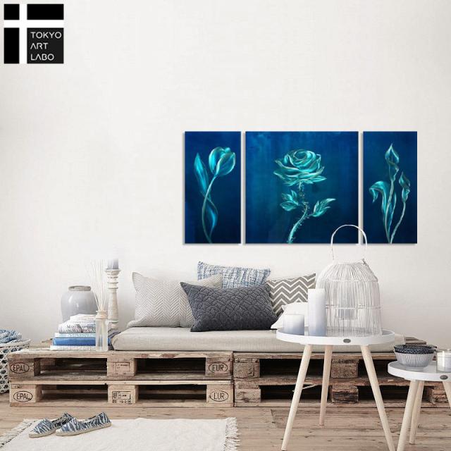 油絵 絵画 青の花 バラ 抽象 3枚組 W120cm おしゃれ 壁掛け 絵 モダン リビング 店舗 壁飾り 油彩画_3