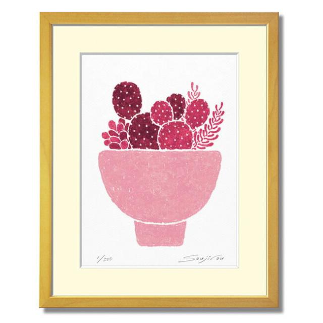 かわいい 壁掛け インテリア 絵【多肉植物寄せ植え】サボテンの絵 ピンク 玄関 リビング 新居 新築 お祝い プレゼント 版画 アート ポスター ミニアート 八切 母の日