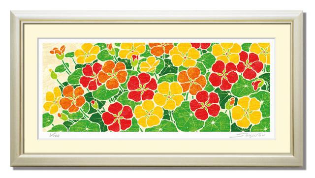 輝く金蓮花絵画 版画 玄関 リビング 額入り 花の絵 プレゼント お祝い 床の間 和室 洋間 壁 アート インテリア 母の日