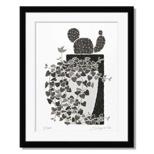 絵画 モノクロ 植物画 ハートカズラとサボテン 黒フレーム 八切 インテリア おしゃれ 壁掛け 版画 水彩 プレゼント お祝い 新築 母の日の通販は
