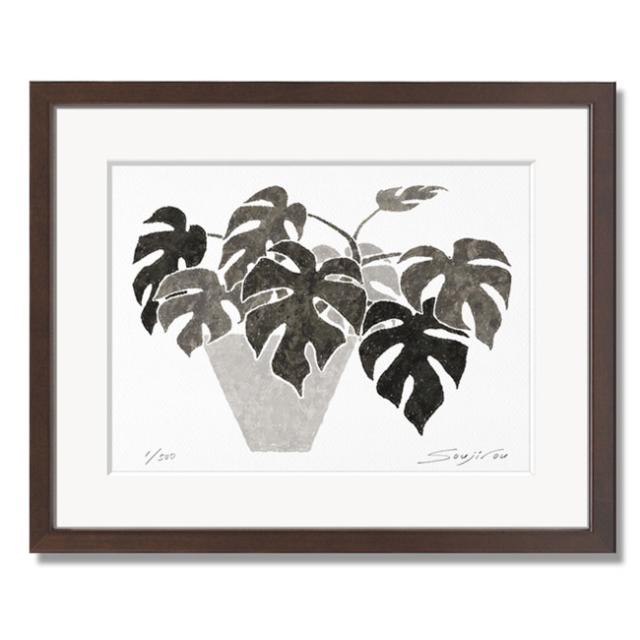 絵画 モノクロ ミニアート モンステラミニマ ブラウン八切 インテリア おしゃれ 壁掛け 版画 水彩 プレゼント お祝い 新築 母の日
