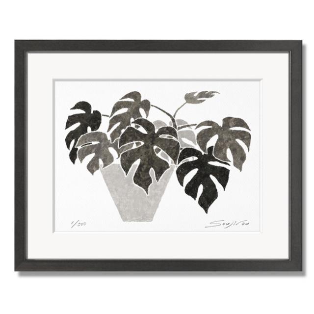 絵画 モノクロ ミニアート モンステラミニマ 黒フレーム 八切 インテリア おしゃれ 壁掛け 版画 水彩 プレゼント お祝い 新築 母の日