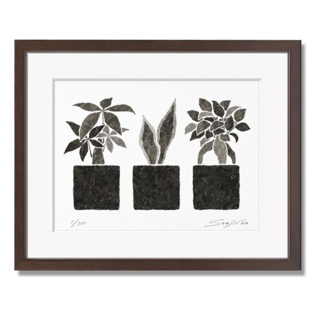 絵画 モノクロ ミニアート パキラとサンセベリアとガジュマル ブラウン八切 インテリア おしゃれ 壁掛け 版画 水彩 プレゼント お祝い 新築 母の日