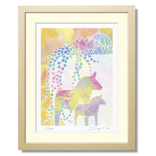 かわいい絵 絵画 インテリア 壁掛け 額入り 絵 かわいい サボテン 馬 風水 トイレや玄関に飾れる小さめサイズ 【ウマの置物と多肉植物寄せ植え】 母の日