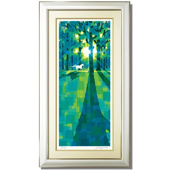 【楽天ランキング1位獲得】絵画 額入り 壁掛け インテリア【走る】森林 白馬 玄関 部屋に飾る絵(アート) モダン アートフレーム 版画 風景画 新緑 縦長 母の日