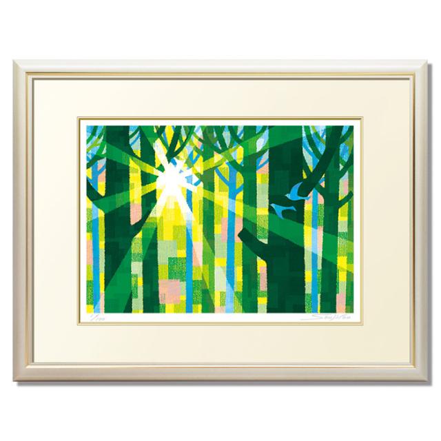 美術品　絵画 幸せの青い鳥絵画 版画 玄関 リビング 額入り 花の絵 プレゼント