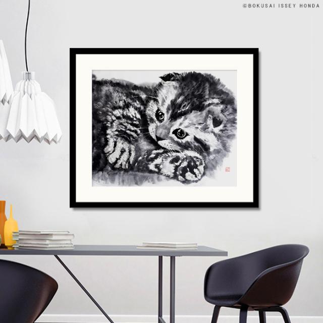 【やわらかな毛並みを墨のにじみで表現】水墨画 猫【無垢2】絵画 インテリア 水墨 モダン 和モダン モノクロ 日本画 おしゃれ 絵 壁掛け