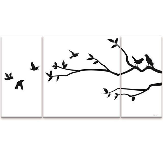 絵画 インテリア USART アートパネル TREE&amp;BIRD2 W60cm H30cm D2cm SIZE/M 3枚セット 絵 新築 壁絵 飾り 装飾 壁 軽量 軽い キャンバス シルエット イラスト 木々 小鳥 鳥の絵 和風 かわいい モノトーン ホワイト シンプル 東京アートラボ