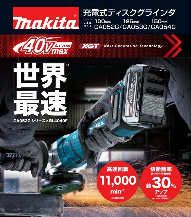 マキタ GA053GZ 40Vmax-125mm充電式ディスクグラインダ 高速回転10500min-1 本体のみ バッテリ・充電器別売 新品の通販は