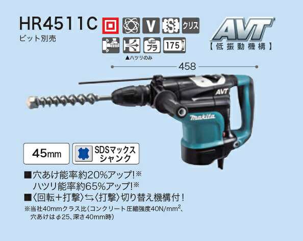 マキタ HR4511C 45mmハンマドリル SDS-MAXシャンク AVT・低振動機構付 回転+打撃/打撃の切替機構付 AC100V 新品