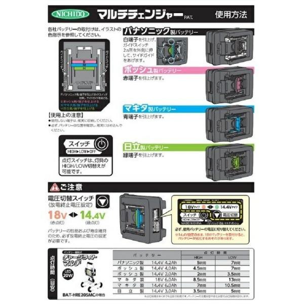 日動工業 BAT-HRE20SMC LEDチャージライトマルチ 20W マルチチェンジャ−付 定格光束1600Lm マキタ・HiKOKI製18V/14.4Vバッテリ対応 バッテリ別売 新品 BATHRE20_2