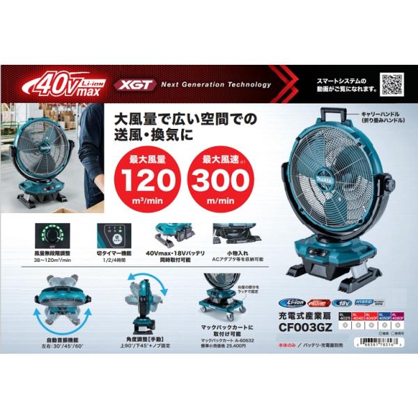 マキタ CF003GZ+BL4050Fx2+DC40RA 40Vmax充電式産業扇 羽根径450mm 自動首振機能・手動角度調整付 5.0Ahバッテリx2個+充電器付セット 新品 代引不可_2