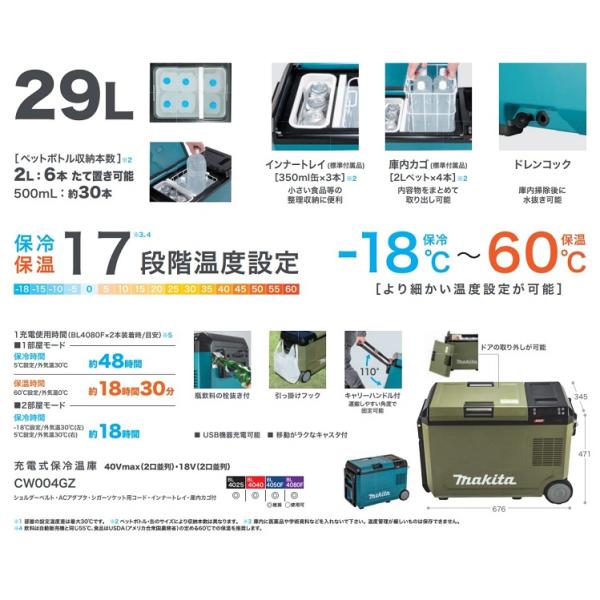 マキタ CW004GZO 充電式保冷温庫 容量29L 2部屋モ−ド切替 両側から開閉可能 40Vmax対応 本体のみ バッテリ・充電器別売 オリ−ブ 新品 代引不可_3