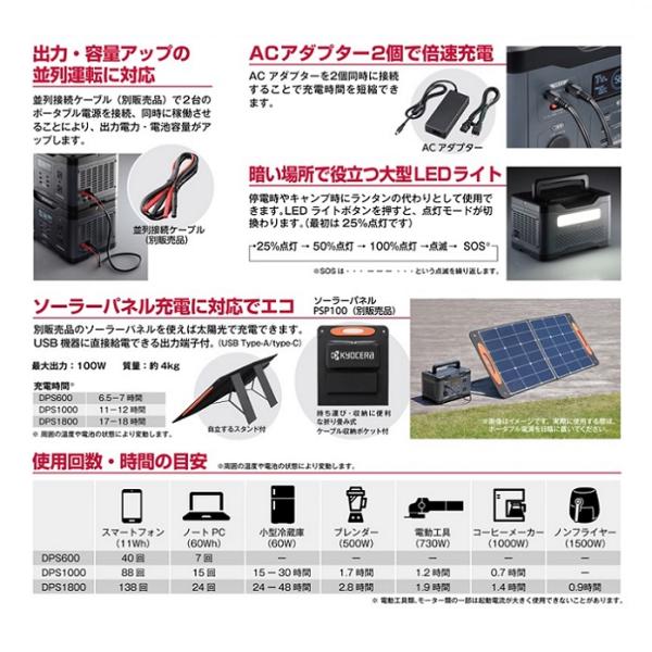 京セラ DPS1000 ポ−タブル電源 定格出力1000W 3Way充電 質量10.5g 電源のない場所での電気機器の使用に 新品 代引不可 リョ−ビ_3