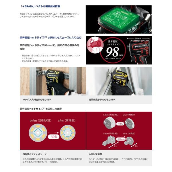 パナソニック EZ1PD1J14D-Y 14.4Vインパクトドライバ− EXENA 14.4V-5.0Ah電池パックx2個+充電器付セット 業界最短ヘッドサイズ 黄 新品 EZ1PD1J14D