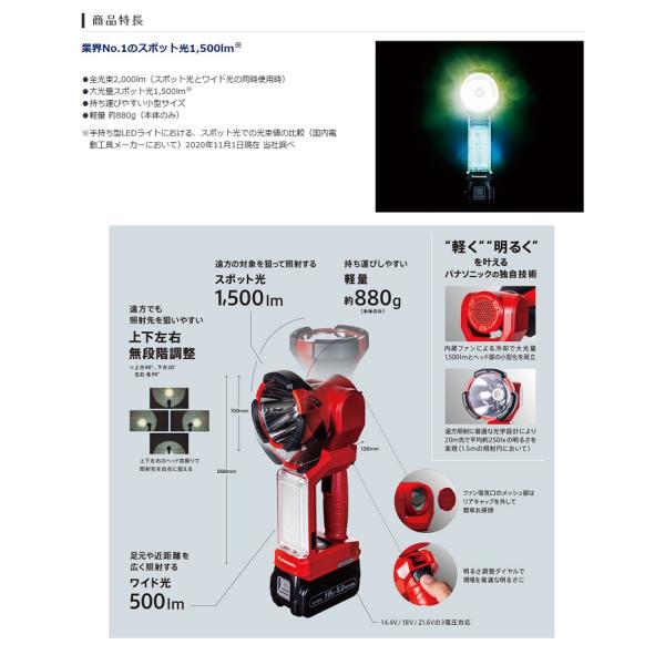パナソニック EZ37C6X-B 工事用 充電LEDスポットワイドライト スポット光1500ml 14.4V/18V/21.6V対応 USB端子x1付 本体のみ 電池パック・充電器別売 黒 新品_1