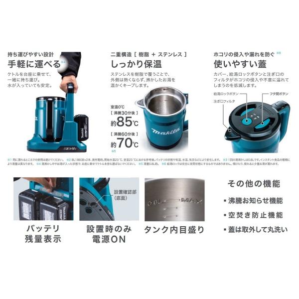マキタ KT360DZ+BL1860Bx4+DC18RD 18Vx2=36V 充電式ケトル 青 バッテリで湯沸かし 18V-6.0Ahバッテリx4個+2口急速充電器付セット 新品 アウトドア キャンプ_2