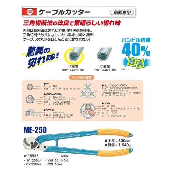 マ−ベル ME-250 ケ−ブルカッタ− 銅線専用 切断能力:IV線250mm2 三角切断法の改良で素晴らしい切れ味 新品 ME250 MARVEL_3