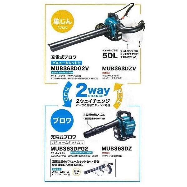 送料無料 マキタ MUB363DG2V 18VX2=36V 集じん機能付充電式ブロア 最大風速12.7m3min バキュ−ムキット付セット 6.0Ahバッテリ2個付セット 新品 代引不可_2