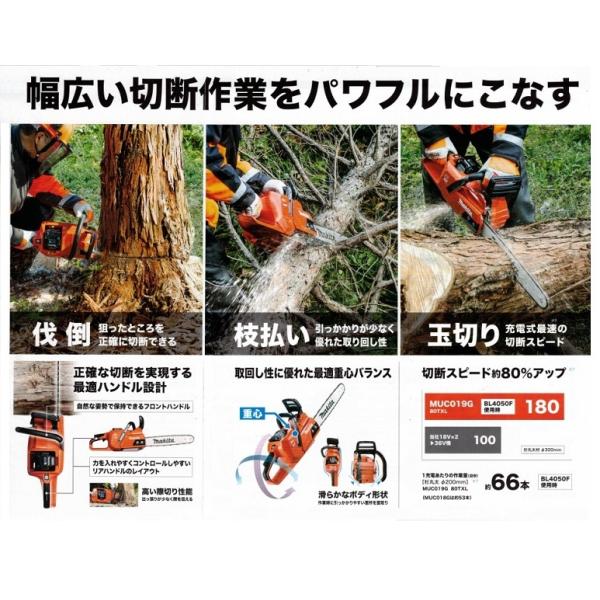 マキタ MUC019GZ1+BL4050Fx2+DC40RA 40Vmax 充電式チェーンソー リアハンドル型 ガイドバ−長さ300mm 80TXL仕様 青 5.0Ahバッテリx2個+1口充電器付セット 新品 代引不可_3