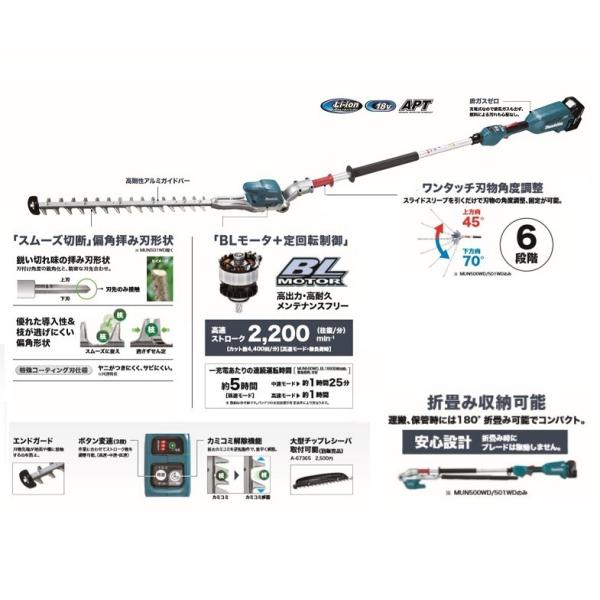 マキタ MUN500WDRG 18V充電式ポールヘッジトリマ 刈込幅500mm 2グリップ仕様 角度可変タイプ 偏角拝み刃仕様 6.0Ahバッテリ1個付セット 新品 代引不可_1