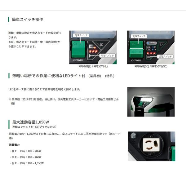 HiKOKI RP150YB(L) 乾湿両用集塵機 15L 樹脂ボデイ 布フィルタ装備 連動付 お掃除セット付 AC100V 掃除機 新品 代引不可 日立工機 RP150YB_3