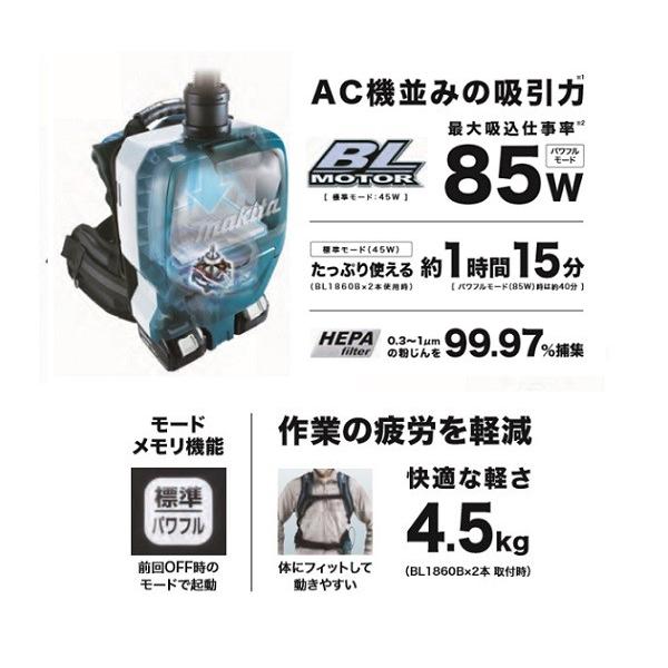 マキタ VC265DZ 18Vx2=36V 充電式背負集じん機 粉塵専用 集塵容量2L 無線連動対応 電動工具接続専用 本体のみ バッテリ・充電器別売 新品_1