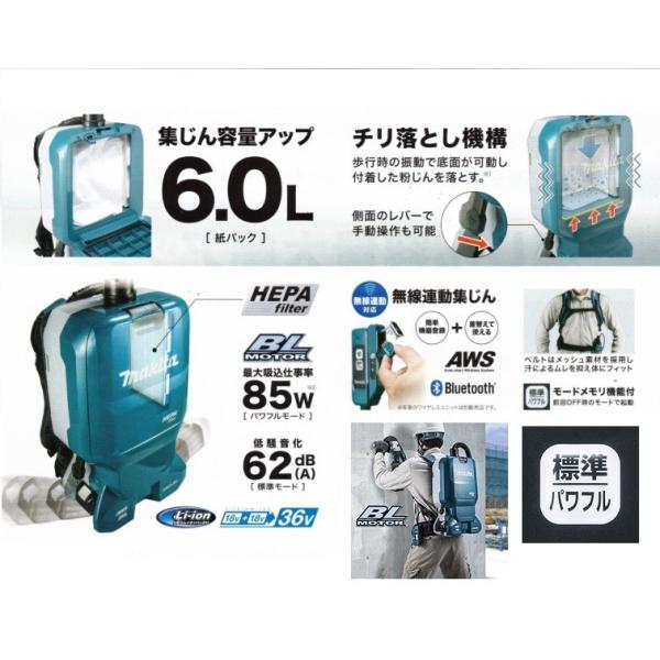 マキタ VC665DZ 18Vx2=36V 充電式背負集じん機 粉じん専用 本体のみ バッテリ・充電器別売 集じん容量6L チリ落とし機能付 パワフルモ−ド付 新品 代引不可