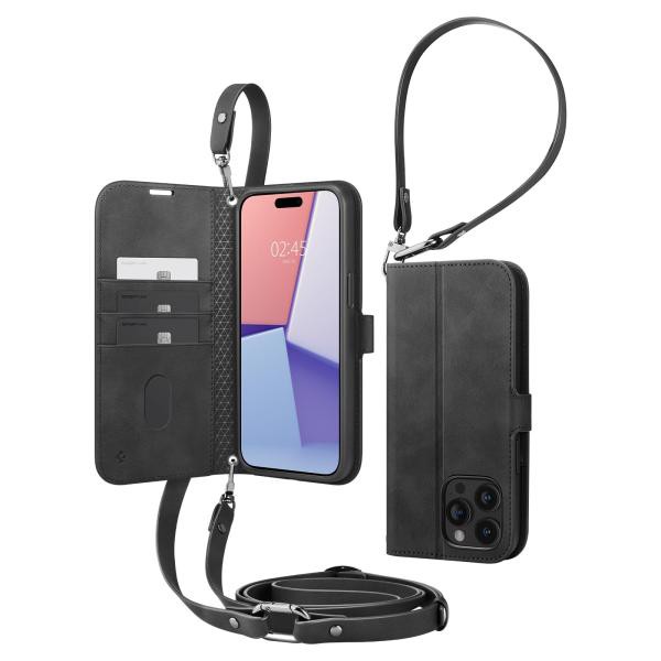 Spigen iPhone15ProMax ケース 手帳型 財布 ストラップ カード収納