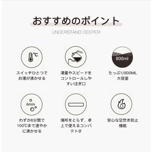 電気ケトル 電気ポット 細口 小型 おしゃれ ケトル 0.8L 電気やかん 湯沸かし器 ステンレス 自動オフ 空焚き防止 コーヒードリップ スリムノズル