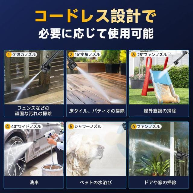 高圧洗浄機 コードレス 充電式 マキタ バッテリー互換対応 家庭用 業務用 3段階調整 6in1 軽量 8.0MPa ポータブル 強力噴射 自吸式 洗車機 電動工具