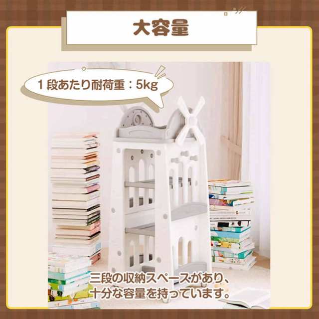 【即納】【365日間品質保証】風車型 絵本棚 棚 おもちゃ収納 大容量 キッズ 収納ラック 収納 お手入れ簡単 3段 キャスター付き フック付き 移動楽々 360°回転可能 子供 男の子 女の子 クリスマスプレゼント 人気 おしゃれ 送料無料の通販は