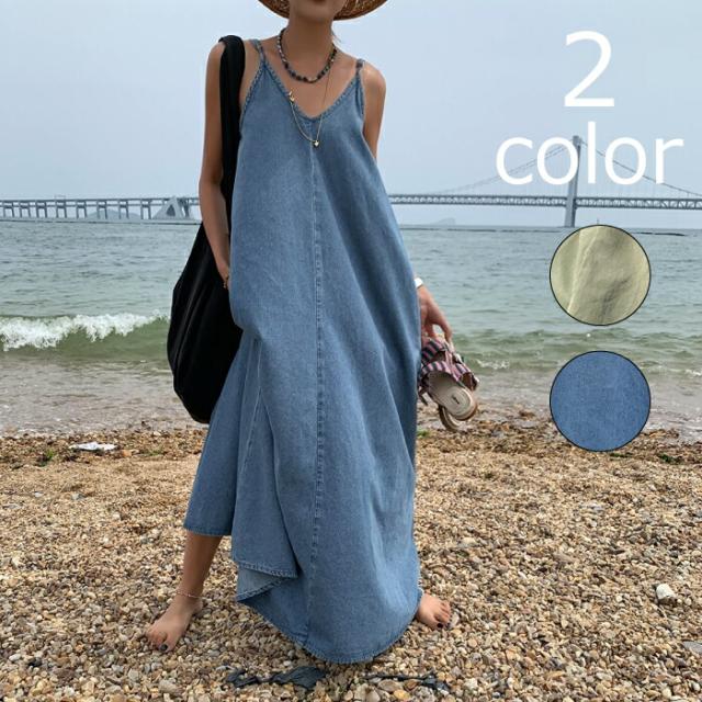Vネックデニムワンピース Aラインデニムワンピース ■n1901■予約販売 韓国ファッション オールシーズン お洒落 カジュアル かわいい かっこいい 無地 の通販は
