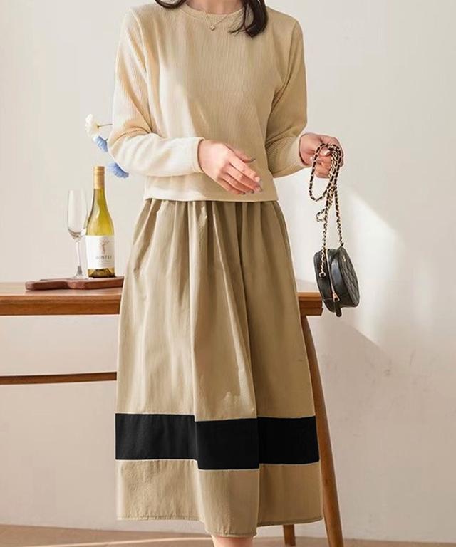 新作 配色ライン異素材ドッキングロングワンピース レディース トップス 長袖 秋 冬 ニット バイカラー 重ね着風 レイヤード風 無地 シンプル きれいめ カジュアル ロング丈 薄手 柔らかい ゆったり 体型カバー