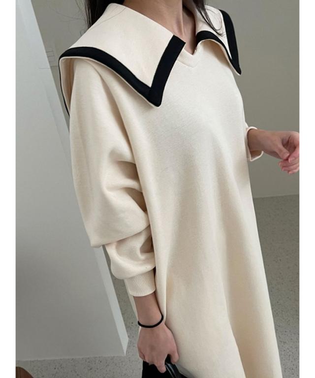 新作 裏起毛ビッグセーラーカラースウェットロングワンピース