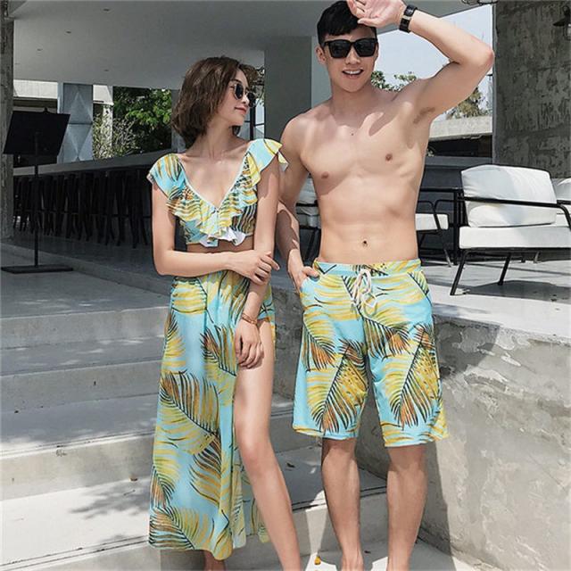 水着 ペア水着 ペアルック カップル ミズギ 体型カバー ビキニ メンズ サーフパンツ 恋人 パレオ 花柄 お揃い プール 海水浴 結婚祝い