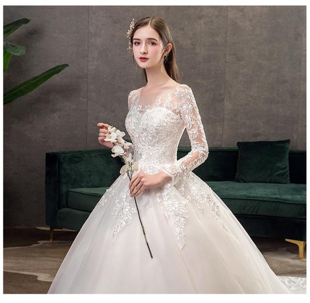 ウエディングドレス 結婚式 花嫁ドレス 披露宴 ロングドレス シンプル 長袖 おしゃれ　レースドレス 二次会ドレス エレガント 長袖 レース花柄 ロングワンピース 演奏会 フォーマル イブニングドレス 編み上げ レース 刺繍 drs7612_3