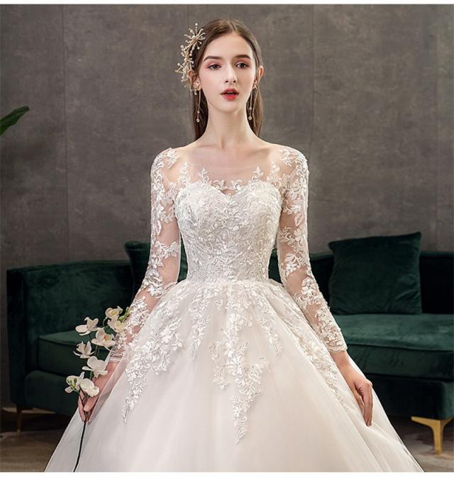 ウエディングドレス 結婚式 花嫁ドレス 披露宴 ロングドレス シンプル 長袖 おしゃれ　レースドレス 二次会ドレス エレガント 長袖 レース花柄 ロングワンピース 演奏会 フォーマル イブニングドレス 編み上げ レース 刺繍 drs7612_5