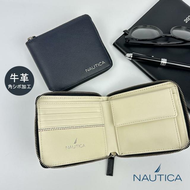 二つ折り財布 メンズ レディース 本革 4nt0021 NAUTICA ノーティカ 2つ折り財布 ロゴメタル 角シボ 小銭入れ付き 財布 ラウンドファスナー 束入れ 大容量 ウォレット ブランド 牛革 高級感 人気 プレゼント 紳士 婦人 上質 革 財布 男性 女性 旅行 買い物 お洒落 プレゼント_1