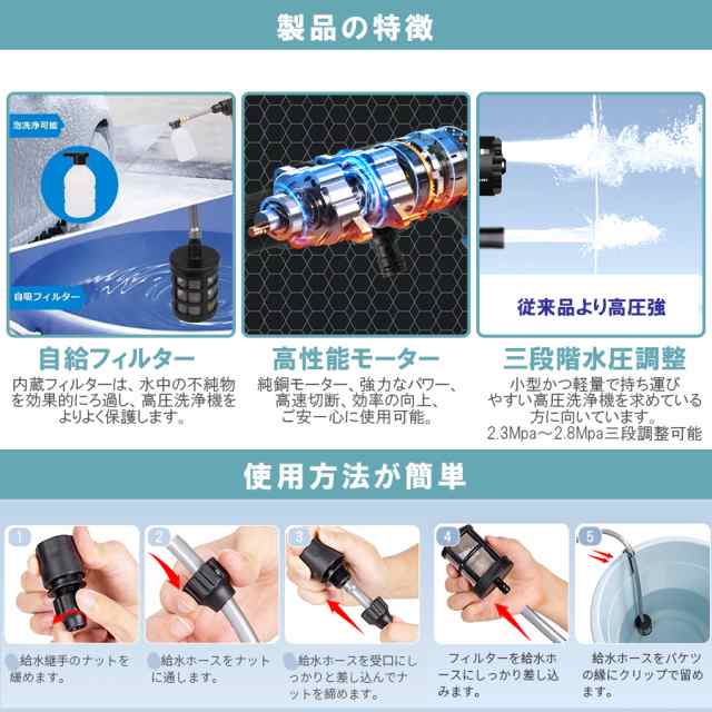 充電式 高圧洗浄機21Vバッテリー2個 最高2.8MPa 高圧噴射 3段階調節