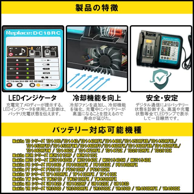 マキタ18v 充電器DC18RC+BL1860B 6.0Ah バッテリー 2個セット 互換 マキタ バッテリー 残量表示機能の通販は