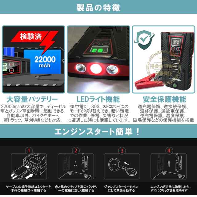 エンジンスターター 12V 22000mAh LED付 8L車6.5Lディーゼル