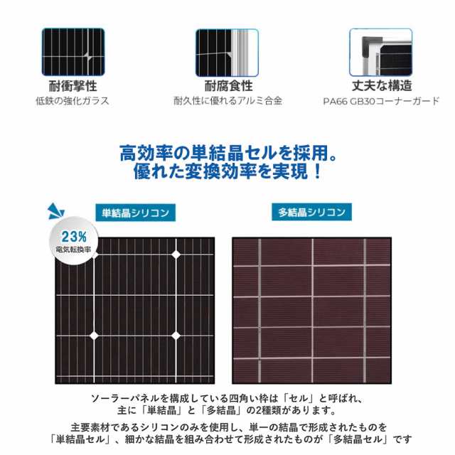 ソーラーパネル 100W 単結晶 1枚入 高変換効率　太陽光パネル 太陽光チャージ ポータブル電源充電 太陽光発電